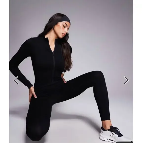 ASOS ribbed catsuit bodysuit 4505 seamless zip front all-in-one in black sz S - Picture 2 of 9